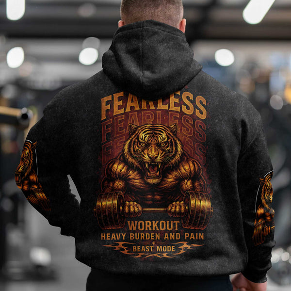 Fearless Tiger Men's Gym Hoodie, Workout Shirt, Oversized Pullover Hoodie