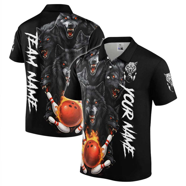 Personalized Flame Bowling Wolf Men Women Performance Polo Shirt Custom Name Bowling Team Jersey