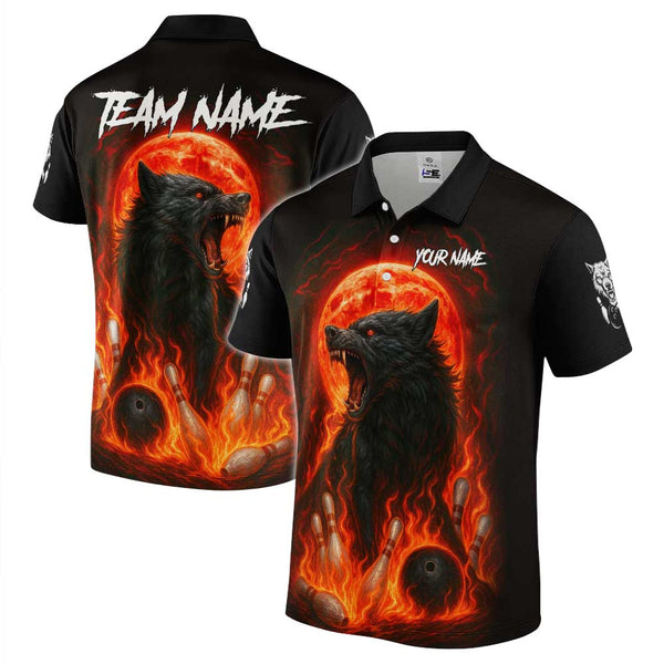 Personalized Flame Bowling Wolf Men Women Performance Polo Shirt Custom Name Bowling Team Jersey