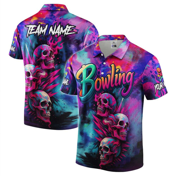 Personalized Bowling Skull Graffiti Men Women Polo Shirt Custom Name Bowling Team Jersey