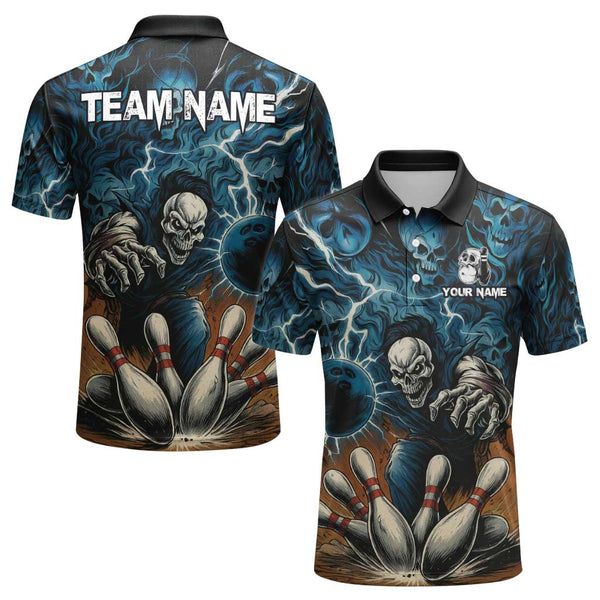 Personalized Bowling Skull Men Women Performance Polo Shirt Custom Name Bowling Team Jersey