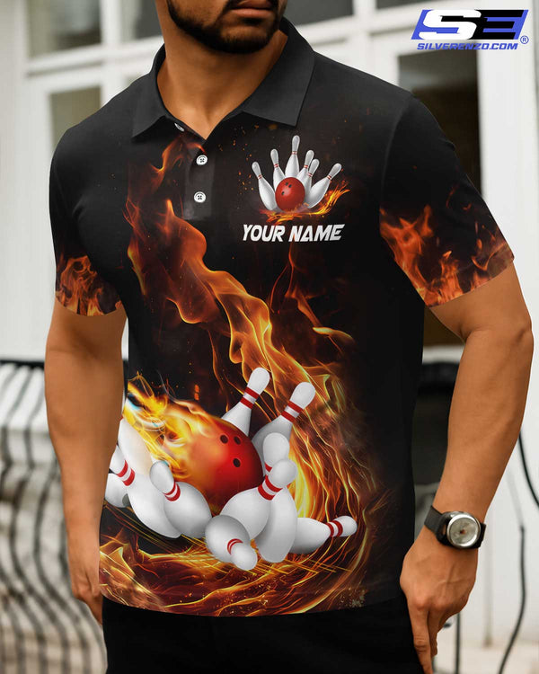 Personalized Bowling Flaming Men Women Polo Shirt Custom Name Bowling Team Jersey