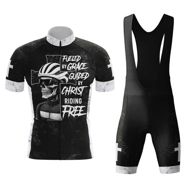 Skull Rider Fueled By Grace Men's Cycling Jersey Set, Road Bike Cycling Kit for Men, Biking Outfit, Bicycle Suit, Team Racing Uniform
