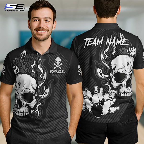 Personalized Bowling Skull Flaming Men Women Performance Polo Shirt Custom Name Bowling Team Jersey
