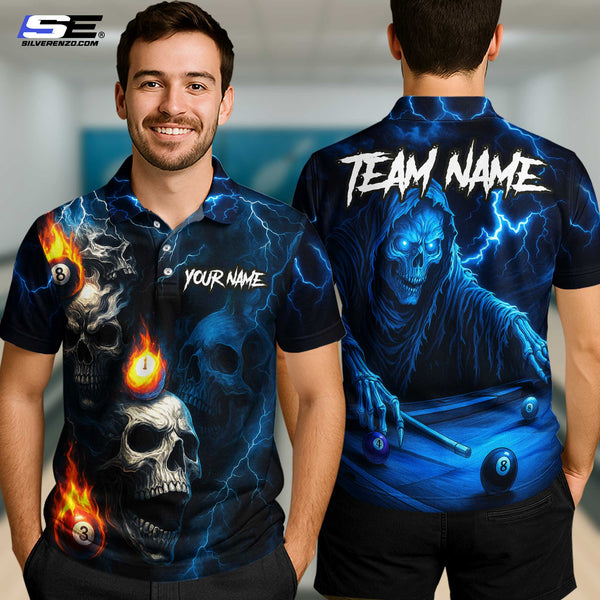Custom Billiard Skull Reaper Ball Flaming Men Women Performance Polo Shirt Personalized Billiards Team Jersey