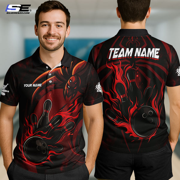 Personalized Flame Bowling And Spider Men Women Polo Shirt Custom Name Bowling Team Jersey