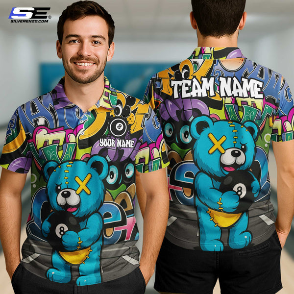Custom Billiard 8 Ball Graffiti Bear Men Women Performance Polo Shirt Personalized Billiards Team Jersey
