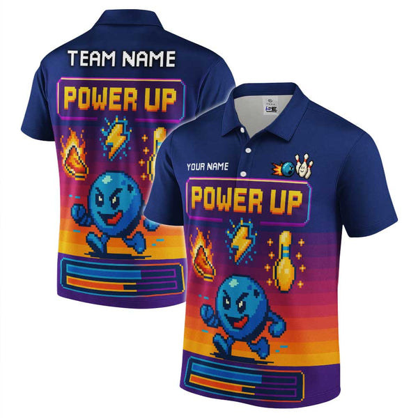 Personalized Bowling Power Up Men Women Performance Polo Shirt Custom Name Bowling Team Jersey