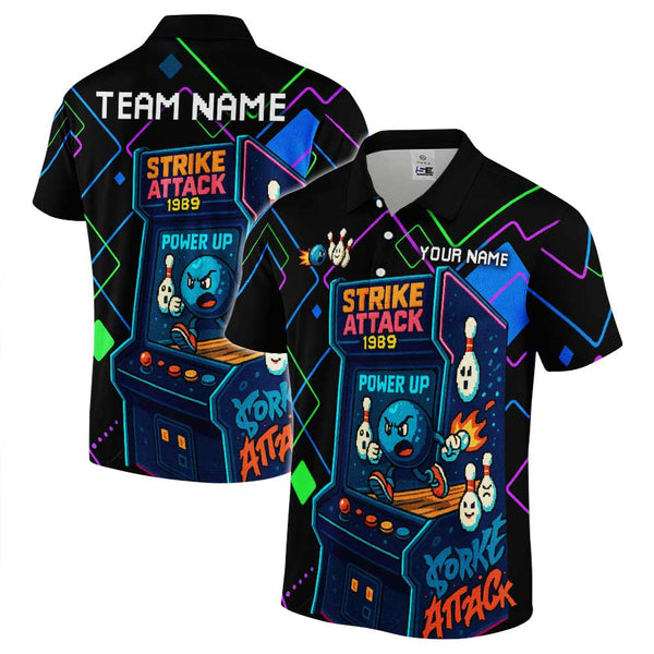 Personalized Bowling Strike Attack Men Women Performance Polo Shirt Custom Name Bowling Team Jersey