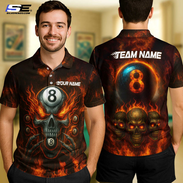 Custom Billiard 8 Ball Flame Skull Men Women Performance Polo Shirt Personalized Billiards Team Jersey