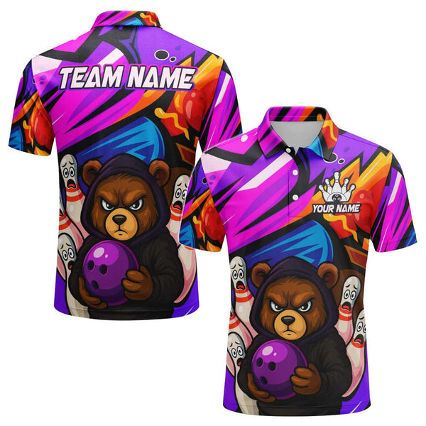 Personalized Bowling Graffiti Bear Men Women Performance Polo Shirt Custom Name Bowling Team Jersey