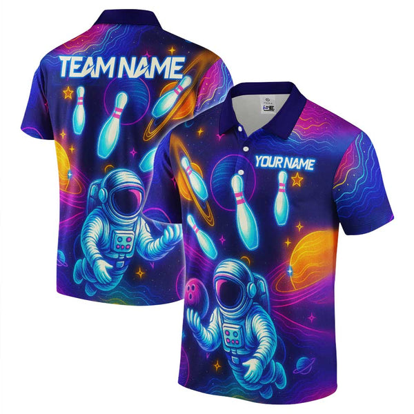 Personalized Bowling Astronaut Men Women Performance Polo Shirt Custom Name Bowling Team Jersey