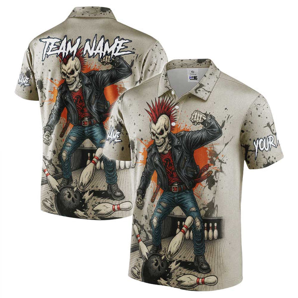 Personalized Bowling Skull Gangster Men Women Performance Polo Shirt Custom Name Bowling Team Jersey