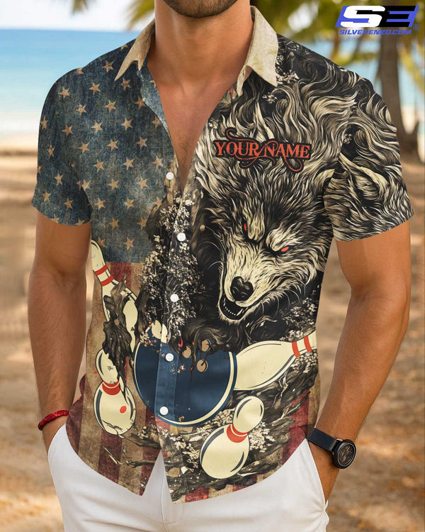Personalized Bowling And Pins Wolf Vintage Men Women Hawaiian Shirt Custom Name Bowling Team Jersey