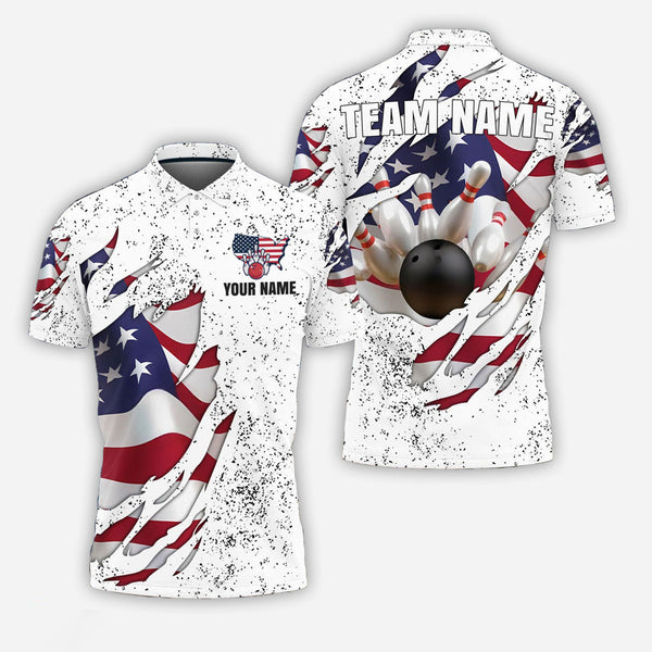 Personalized Bowling US Flag Patriotic Men Women Polo Shirt Custom Name Bowling Team Jersey