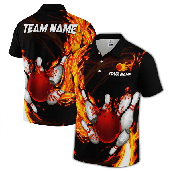 Personalized Bowling Fire Men Women Performance Polo Shirt Custom Name Bowling Team Jersey