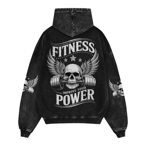 Fitness Improve Your Power Skull Men's Gym Hoodie, Workout Shirt, Oversized Pullover Hoodie