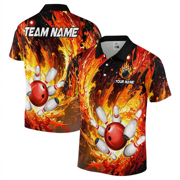 Personalized Bowling Fire Men Women Performance Polo Shirt Custom Name Bowling Team Jersey