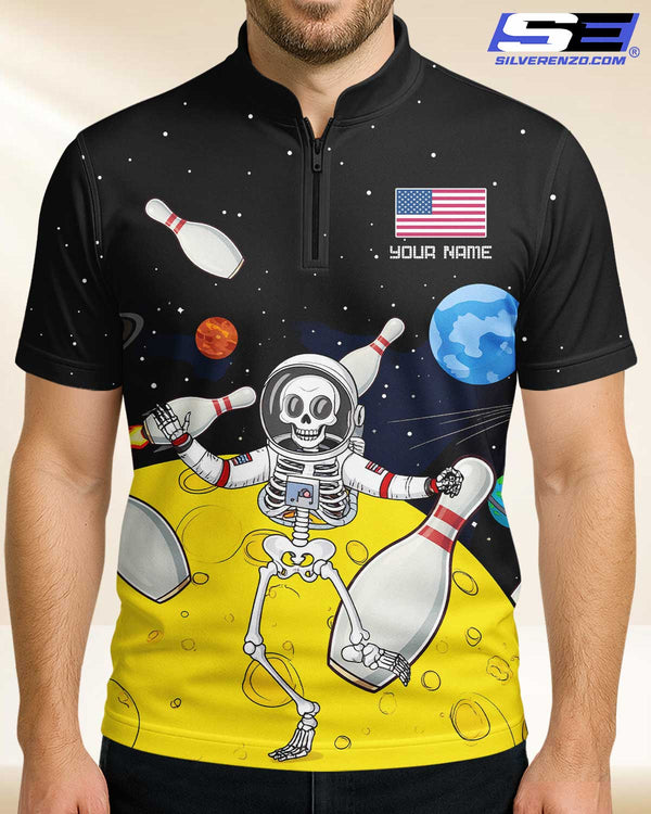 Personalized Bowling And Pins Astronaut Skeleton Men Women Polo Shirt Custom Name Bowling Team Jersey