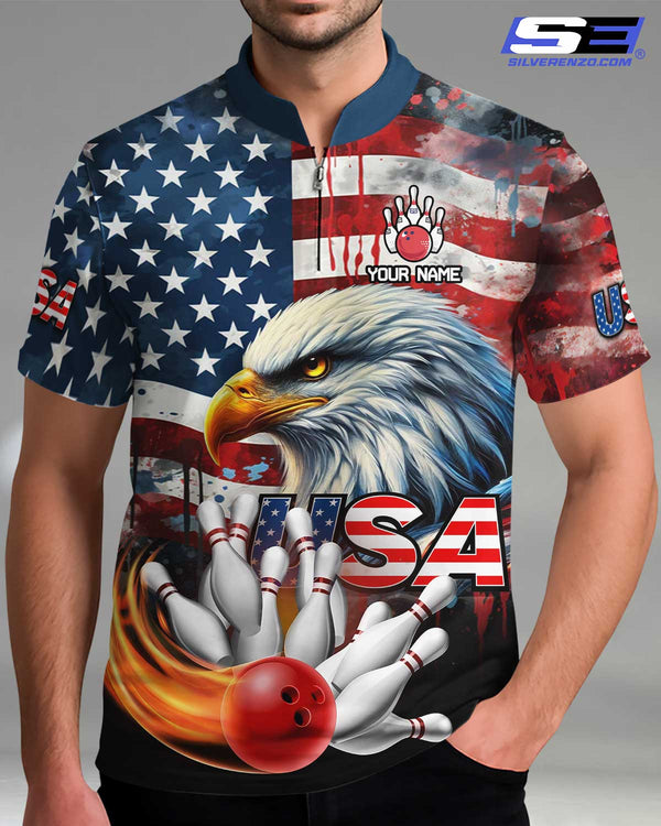 Personalized Bowling US Flag Eagle Patriotic Men Women Polo Shirt Custom Name Bowling Team Jersey
