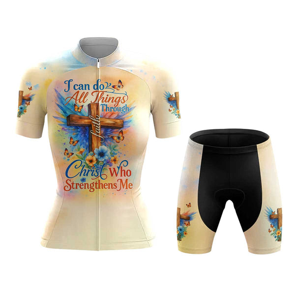 I Can Do All Things Through Christ Faith Cross Women's Cycling Jersey Set, Road Bike Cycling Kit for Women, Biking Outfit, Bicycle Suit, Team Racing Uniform