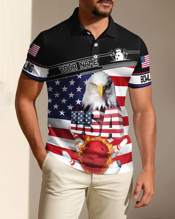 Personalized Bowling US Patriotic Eagle Men Women Polo Shirt Custom Name Bowling Team Jersey