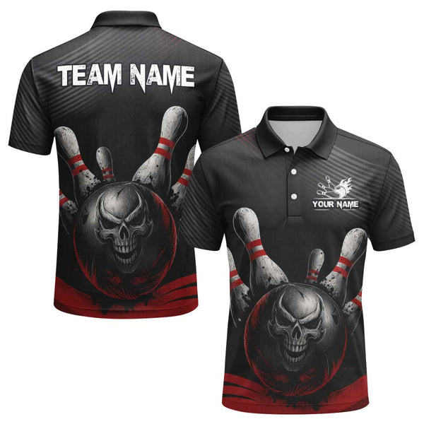 Personalized Bowling Skull Men Women Performance Polo Shirt Custom Name Bowling Team Jersey