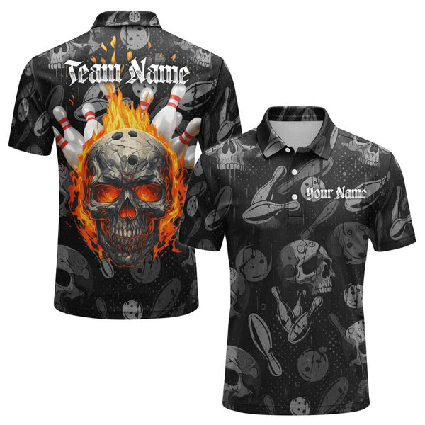 Personalized Bowling Skull Flaming Men Women Performance Polo Shirt Custom Name Bowling Team Jersey