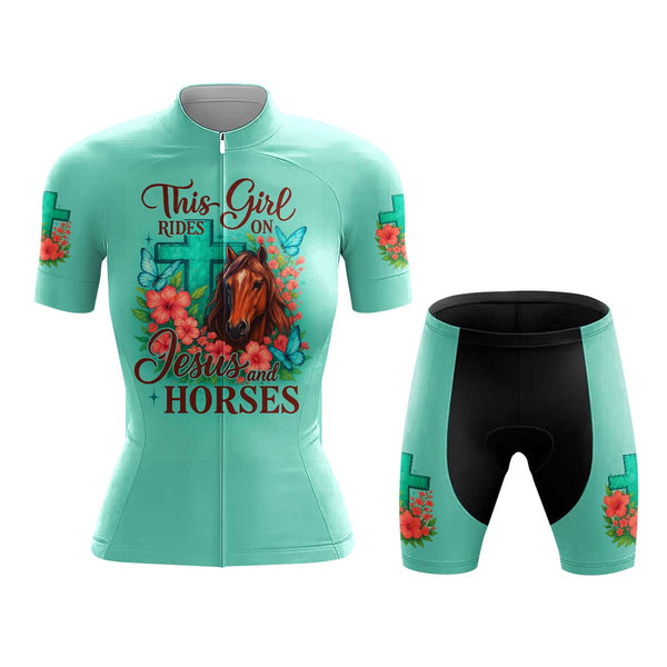 This Girl Rides On Jesus And Horse Women's Cycling Jersey Set, Road Bike Cycling Kit for Women, Biking Outfit, Bicycle Suit, Team Racing Uniform