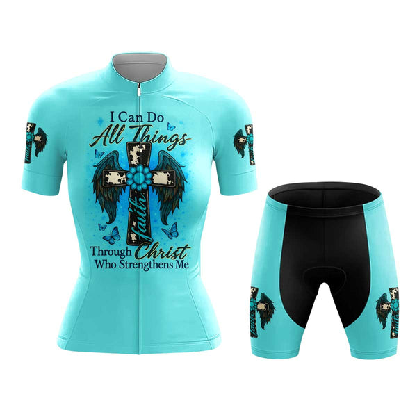 I Can Do All Things Through Christ Faith Cross Women's Cycling Jersey Set, Road Bike Cycling Kit for Women, Biking Outfit, Bicycle Suit, Team Racing Uniform