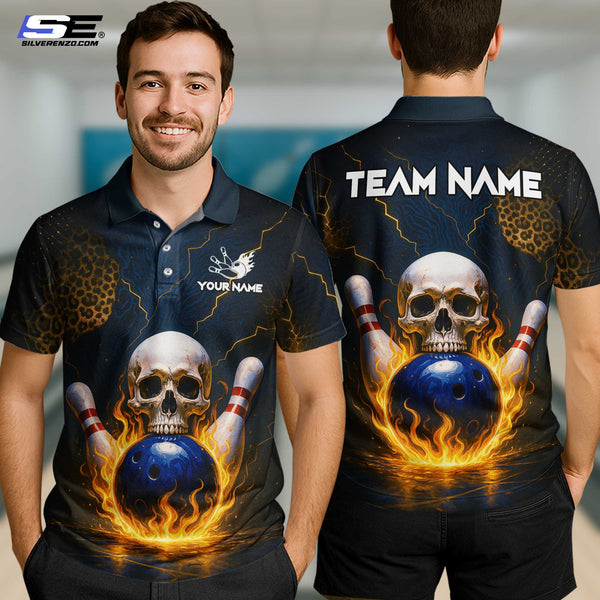 Personalized Bowling Flame Skull Leopard Men Women Polo Shirt Custom Name Bowling Team Jersey
