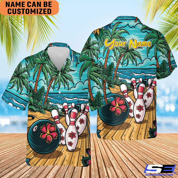 Personalized Tropical Hibiscus Bowling Hawaiian Shirt Bowling Team Shirt Gift For Bowling Player Bowler Gift
