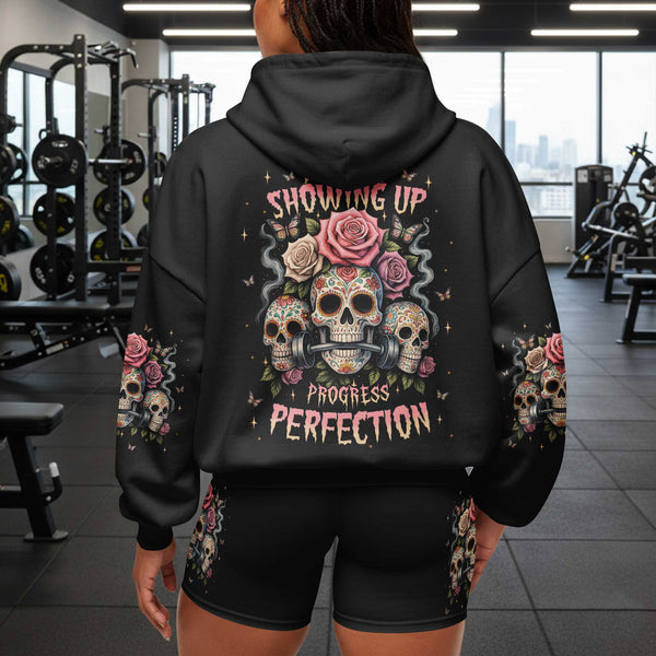 Showing Up Progress Perfection Women's Gym Hoodie, Workout Shirt, Fitness Oversized Pullover Hoodie
