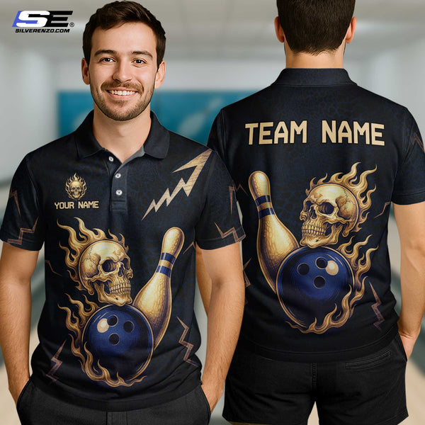 Personalized Flame Bowling Lightning Men Women Polo Shirt Custom Name Bowling Team Jersey