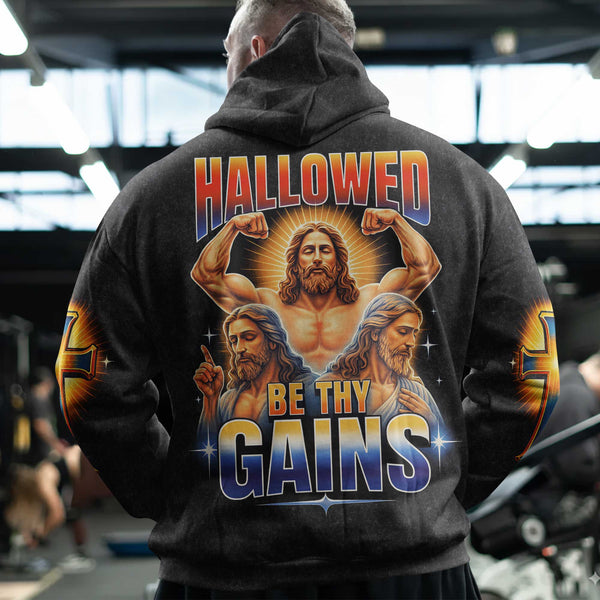 Hallowed Be Thy Gains Men's Gym Hoodie, Workout Shirt, Oversized Pullover Hoodie