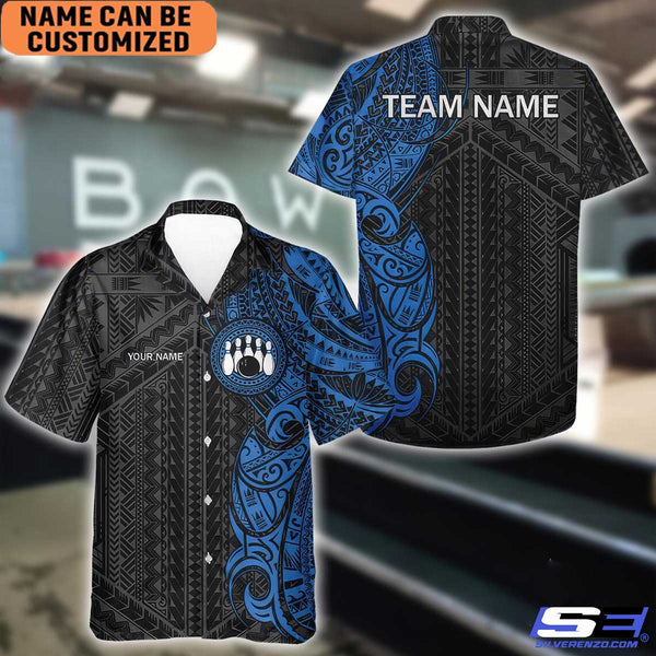 Personalized Tribal Pattern Hawaiian Bowling Shirt, Custom Black And Blue Design Button Up for Team Bowling Events or Gifts