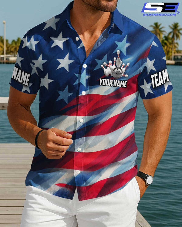 Personalized Bowling Strike US Flag Men Women Hawaiian Shirt Custom Name Bowling Team Jersey
