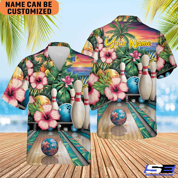 Personalized Tropical Hibiscus Bowling Hawaiian Shirt Bowling Team Shirt Gift For Bowling Player Bowler Gift