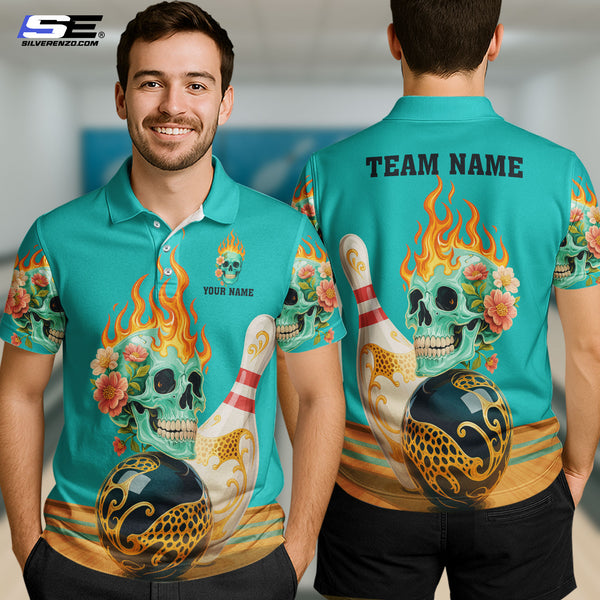 Personalized Bowling Flame Skull Floral Men Women Polo Shirt Custom Name Bowling Team Jersey