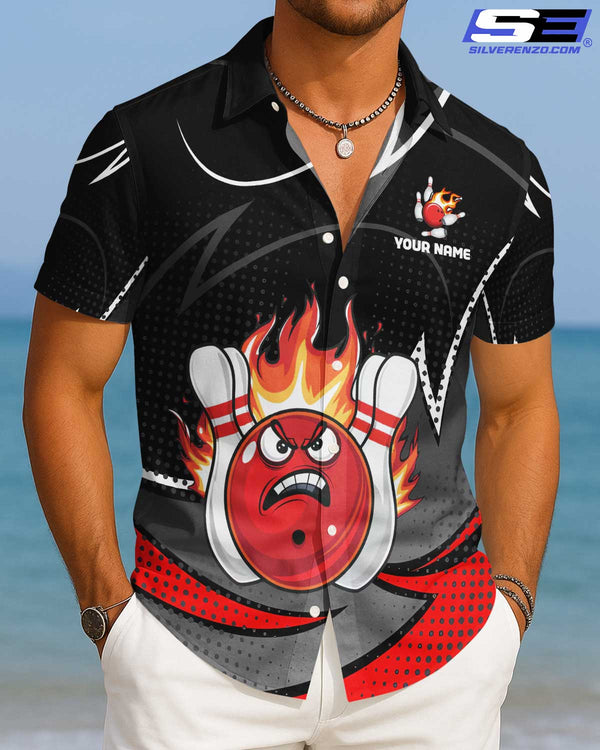 Personalized Bowling And Pins Flame Men Women Hawaiian Shirt Custom Name Bowling Team Jersey