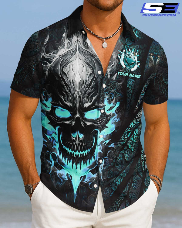 Personalized Bowling And Pins Skull Men Women Hawaiian Shirt Custom Name Bowling Team Jersey