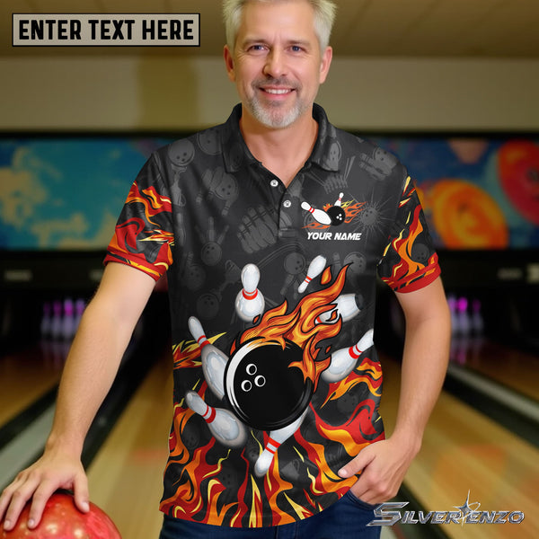 Bowling And Pins Flame Personalized Men Women Polo Shirt Custom Bowling Team Jersey