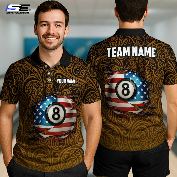 Custom Billiard 8 Ball US Flag Men Women Performance Polo Shirt Personalized Billiards Team Jersey