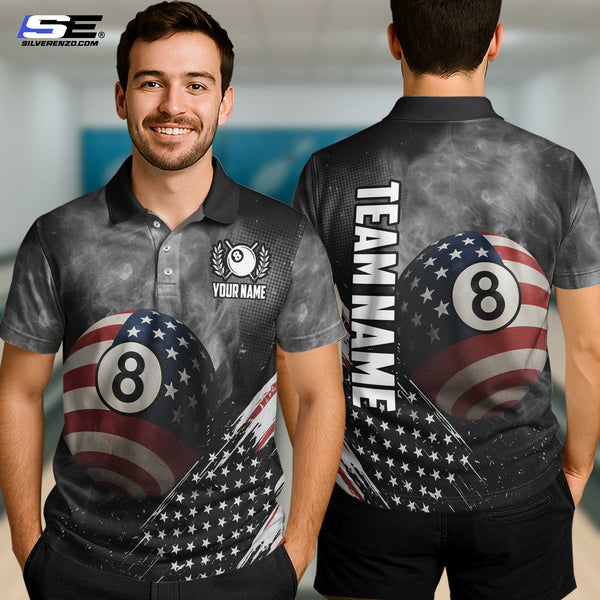 Custom Billiard 8 Ball US Flag Men Women Performance Polo Shirt Personalized Billiards Team Jersey