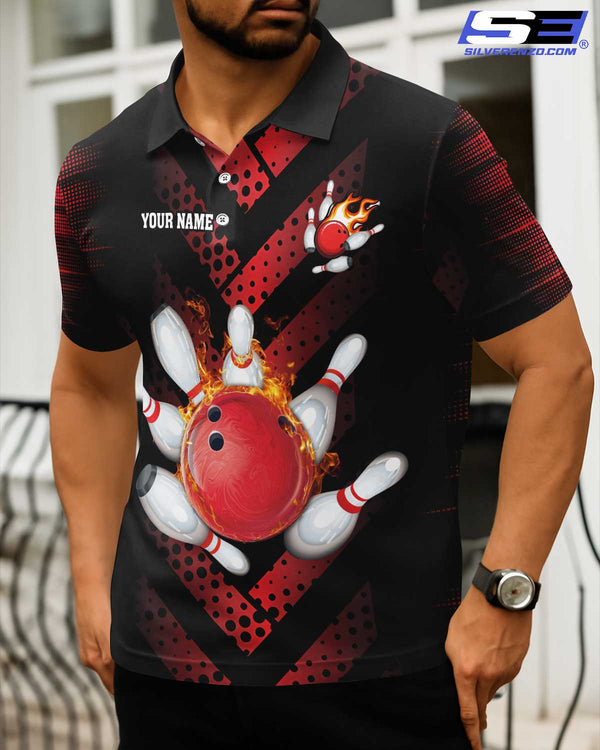Bowling And Pins Flame Personalized Men Women Polo Shirt Custom Bowling Team Jersey