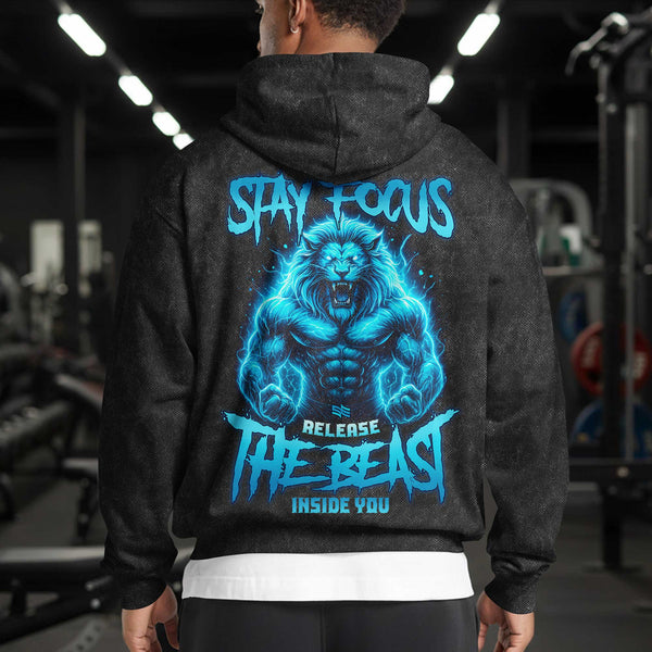 Stay Focus Lion Men's Gym Hoodie, Workout Shirt, Oversized Pullover Hoodie