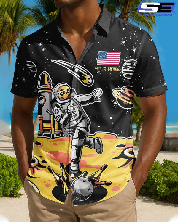 Personalized Bowling And Pins Astronaut Men Women Hawaiian Shirt Custom Name Bowling Team Jersey