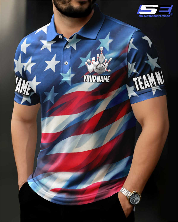 Personalized Bowling US Flag Men Women Polo Shirt Custom Name Bowling Team Jersey