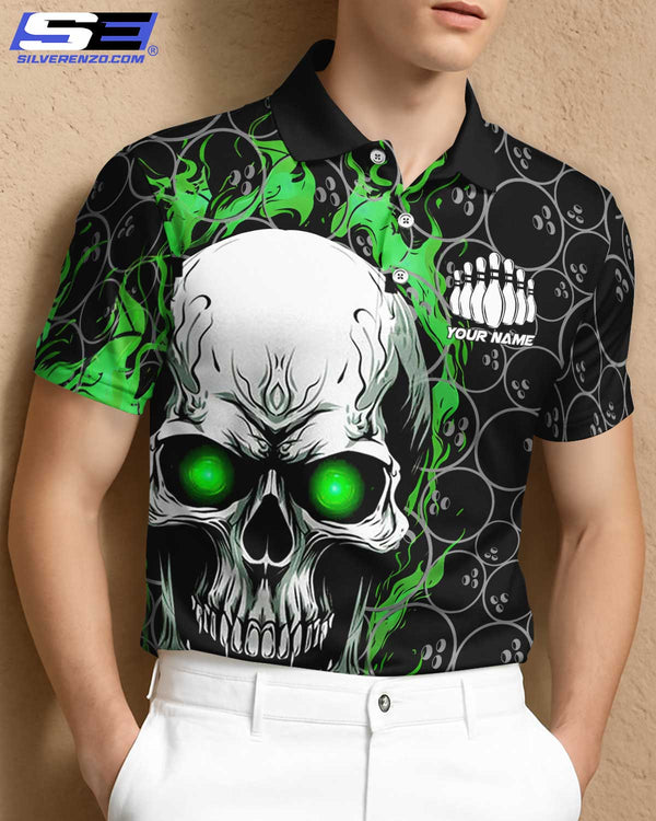 Personalized Bowling And Pins Skull Men Women Polo Shirt Custom Name Bowling Team Jersey