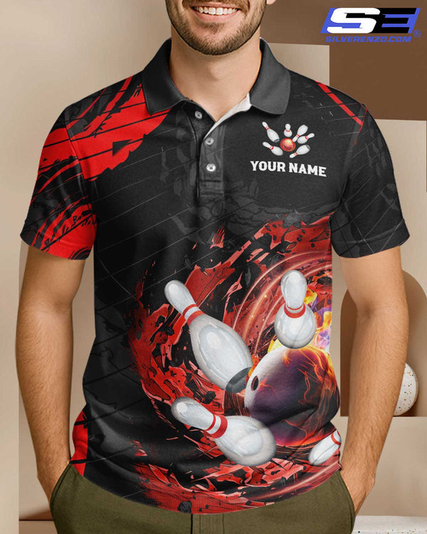 Personalized Bowling Flaming Men Women Polo Shirt Custom Name Bowling Team Jersey